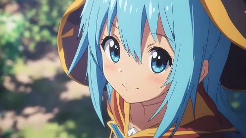 Smiling blue haired mage girl gazes upward in soft sunlight