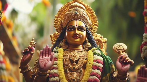 Golden Hindu deity statue shines in lush festive garlands