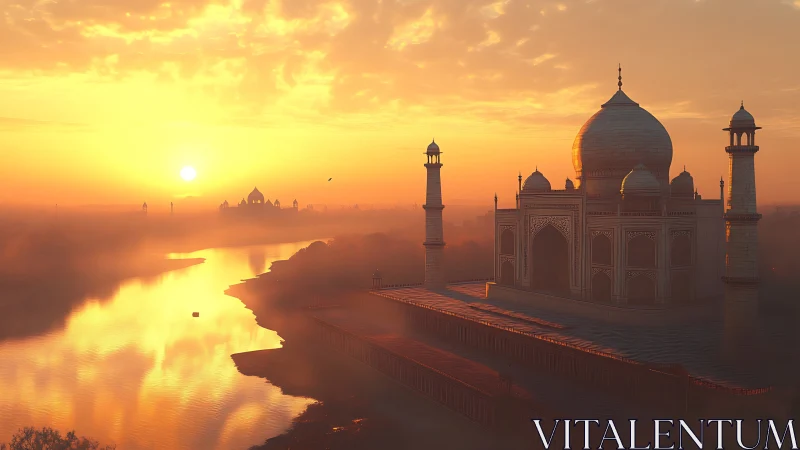 Sunlit Mughal mausoleum beside reflective river at dawn.