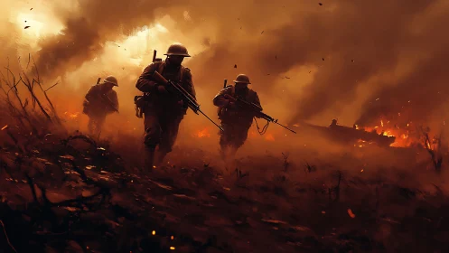 Soldiers Advancing Through Fire and Smoke.