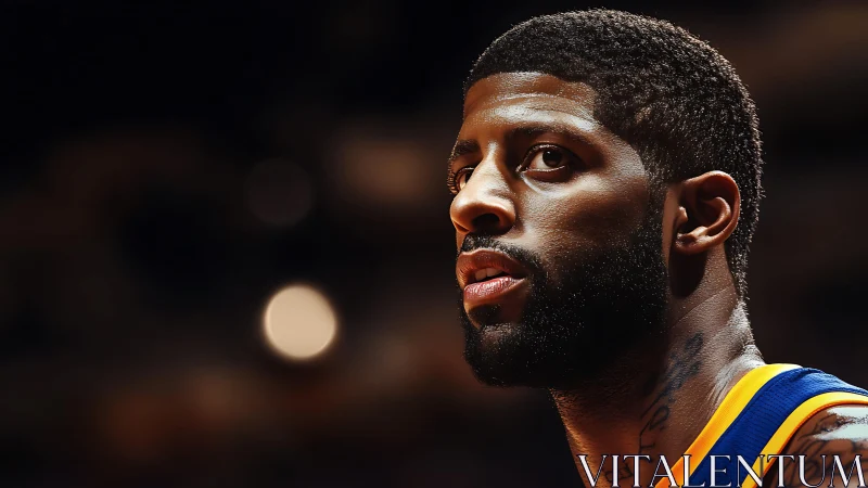 Close-up profile of basketball player on dim court.