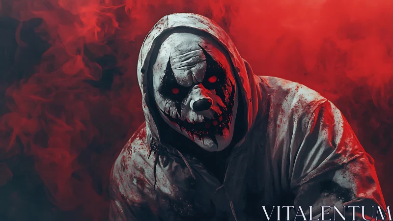 Hooded nightmare clown draped in eerie red smoke haze.