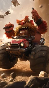 Rampaging monster driver tearing through desert duststorm.