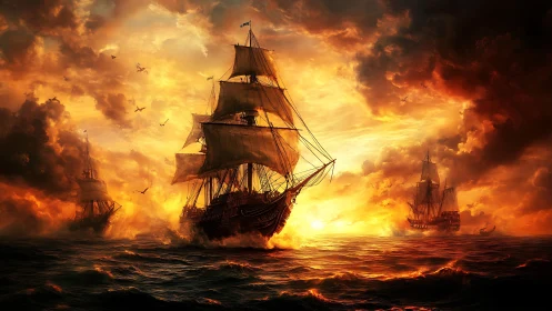 Fire-kissed galleons chasing daylight across storm-lit seas.