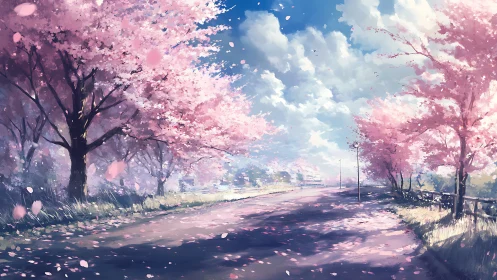 Springwind petals drift along a sunlit cherry blossom road.