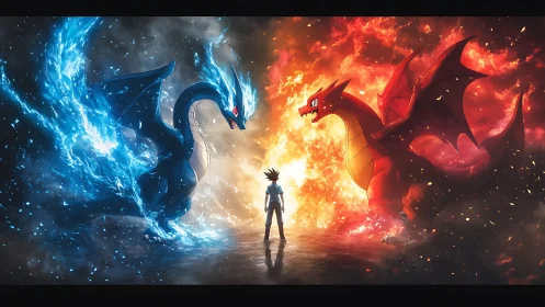 Twin elemental dragons crown a lone trainer in blazing light