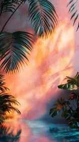 Palm leaves cast sharp shadows on warm pink wall