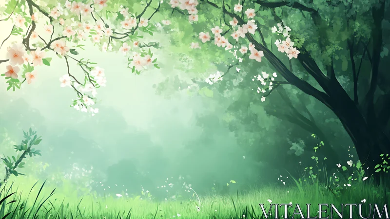 Flowering tree over misty green meadow in soft light.