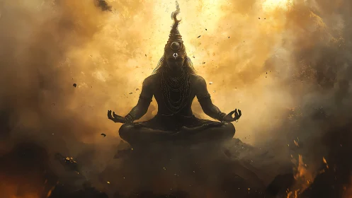Serene meditating deity resting in glowing cosmic smoke.