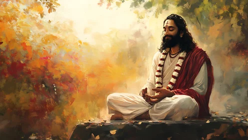 Man in traditional robes meditating outdoors in autumn forest