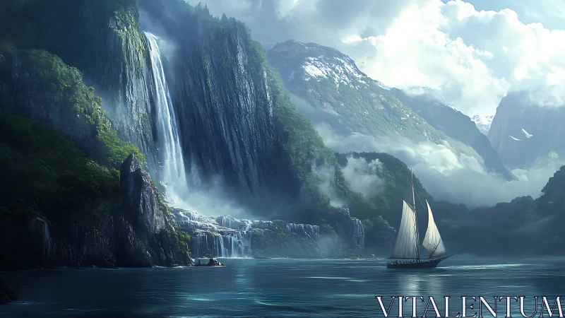 Sailboat slips through misty fjord of thunderous waterfalls.