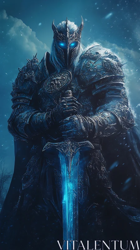 Digital painting of frost-armored death knight with glowing blade.