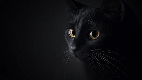 Black Felid Frontal Portrait with Luminous Amber Ocular Geometry