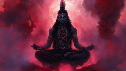 Monochrome blue meditating deity centered in radial halo light