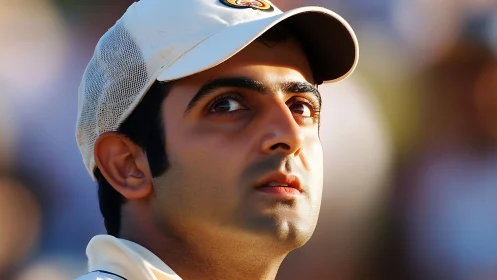Cricket player portrait under stadium lighting with shallow focus