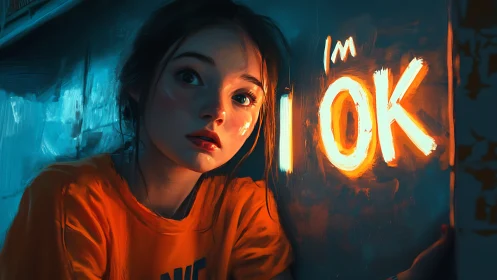 Young woman glows beside neon I&rsquo;m OK text in moody corridor