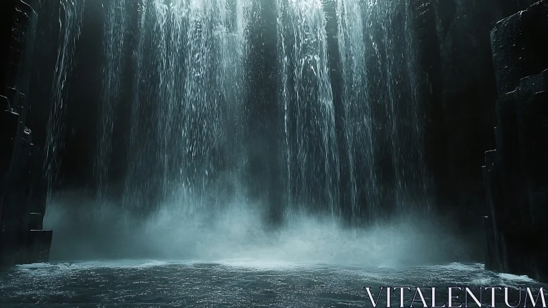 Moody cavern waterfall with mist over dark rock pool.