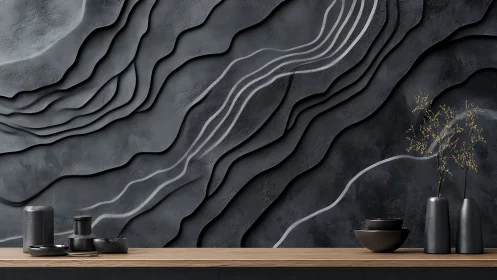 Textured charcoal wall relief with flowing contour lines