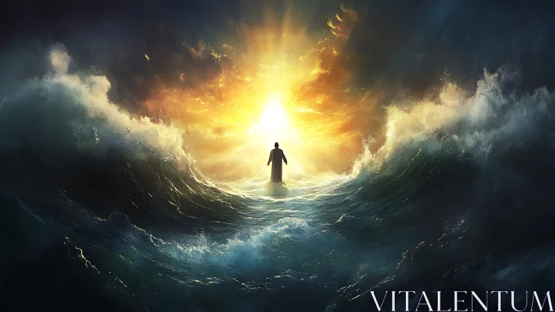 Lone figure walks through parted storm sea toward radiant light