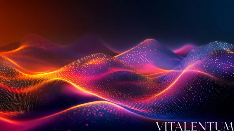 Parametric neon wavefield renders volumetric particle-lit surfaces