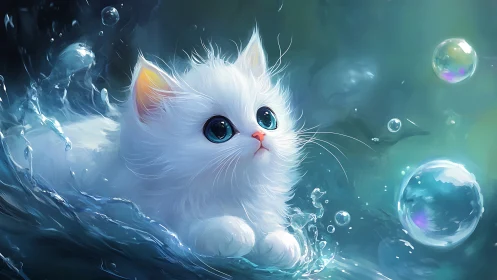 White Kitten in Luminescent Aquatic Environment.