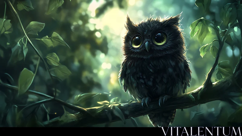 Adorable big-eyed owl on forest branch, dreamy digital art style.