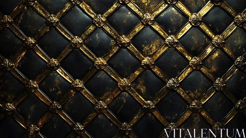 Gold lattice relief grid overlays distressed black leather padding