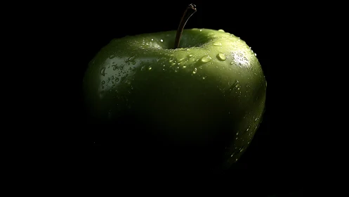 Dramatic green apple glows in dark, high contrast studio light