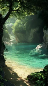 Emerald cove hush where sunlight braids through leaves.