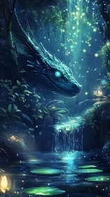 Luminous dragon guardian watching over enchanted lagoon.