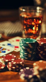 Poker chips and drink on wooden casino tabletop.