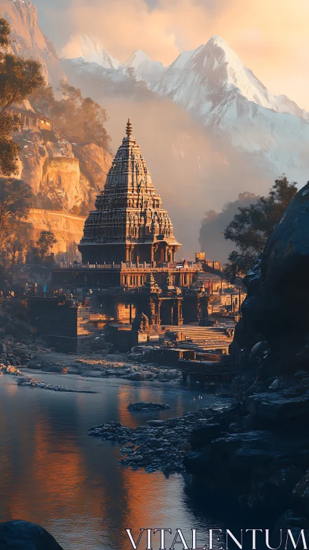 Sunlit mountain temple rises beside a tranquil reflective river