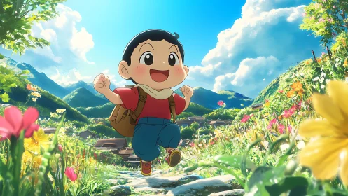 Joyful child running through vibrant alpine flower path.