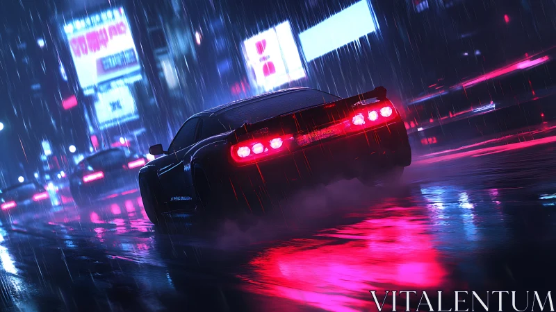 Neon city rain welcomes a sleek sports car into the night