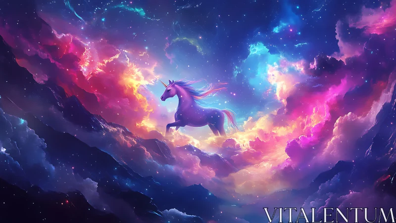 Celestial unicorn galloping through luminous nebula clouds.
