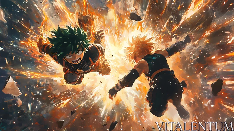 Explosive midair clash between two anime heroes rendered dynamically