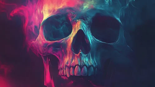 Bicolor vapor-illuminated skull in luminous spectral haze.