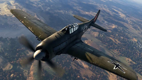 WWII fighter plane soars above autumn landscape in motion