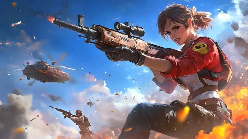 Armed female operative aims rifle in airborne combat scene