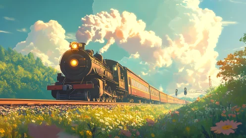 Steam locomotive pulls passenger carriages through rural field