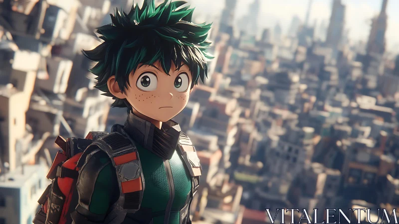 Green-haired anime hero in tactical suit over blurred cityscape.