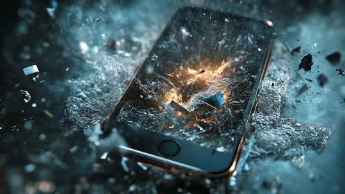 High-speed render of smartphone impact with explosive shattering
