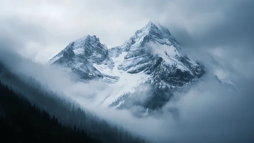 Glaciated twin mountain summits in low-lying orographic clouds.