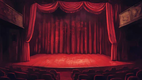 Red velvet proscenium stage interior rendered in warm diffuse light
