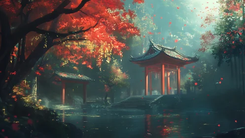 Traditional pavilion stands beside reflective forest water