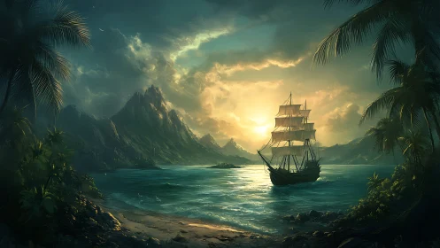 Sailing Ship Anchored in Tropical Bay at Sunset.
