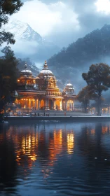 Lakeside temple lights under misty Himalayan mountain dusk.
