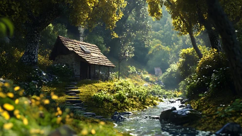 Digital painting woodland cabin with luminous stream focus.