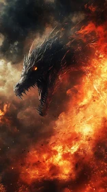 Digital painting of infernal dragon head in explosive flame surge.