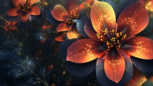 Glowing orange blossoms unfold like galaxies in the dark